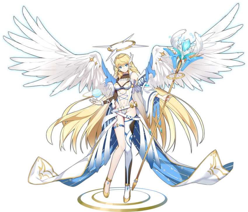 1girl angel ark_order bangs bare_shoulders blonde_hair blue_eyes breasts cleavage clothing_cutout detached_sleeves earrings falling_feathers feathered_wings full_body gold_footwear greetload halo head_wings high_heels highres holding holding_staff jewelry large_breasts leotard long_hair michael_(ark_order) navel navel_cutout official_art orb shoes single_thighhigh solo staff tachi-e thigh_strap thighhighs transparent_background very_long_hair white_wings wings