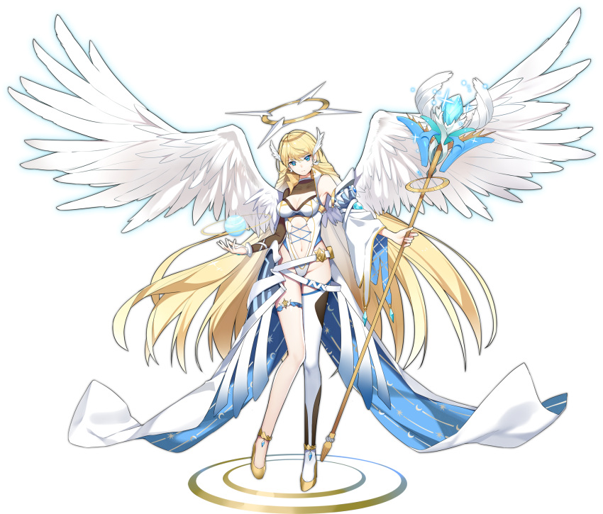 1girl angel ark_order bangs bare_shoulders blonde_hair blue_eyes breasts cleavage clothing_cutout detached_sleeves earrings falling_feathers feathered_wings full_body gold_footwear greetload halo head_wings high_heels highres holding holding_staff jewelry large_breasts leotard long_hair michael_(ark_order) navel navel_cutout official_art orb shoes single_thighhigh solo staff tachi-e thigh_strap thighhighs transparent_background very_long_hair white_wings wings
