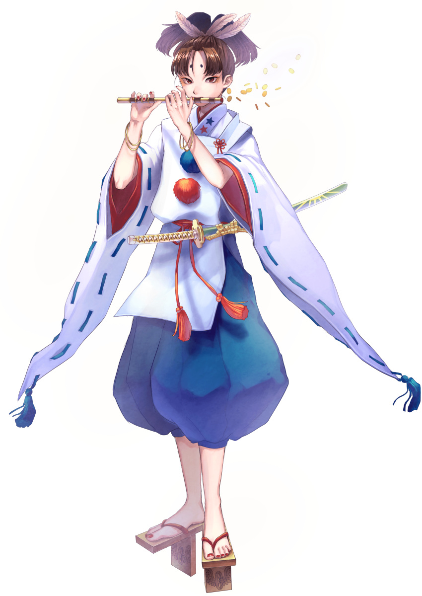 1boy absurdres androgynous artist_request brown_hair check_commentary commentary_request feathers flute highres instrument japanese_clothes male_focus music nail_polish playing_instrument red_eyes red_nails star_(symbol) sword tagme transparent_background weapon world_flags