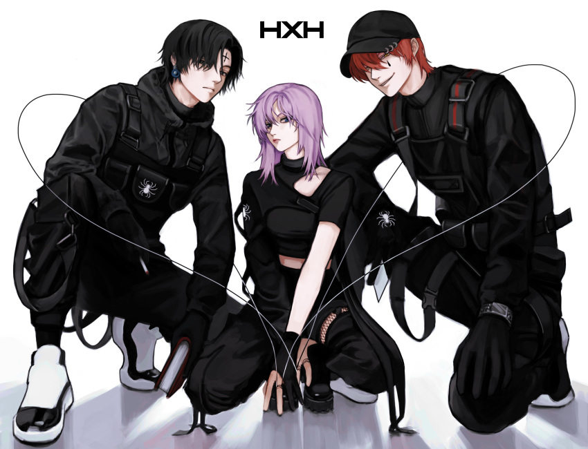 absurdres animal_print black_clothes black_hair black_legwear black_shirt chrollo_lucilfer hair_down hat highres hisoka_morow hunter_x_hunter likeu_99 machi_(hunter_x_hunter) one_knee pink_hair red_hair shirt smile spider_print squatting