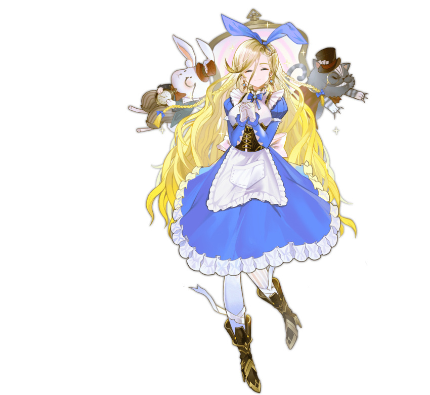 1girl alice_(ark_order) animal_ears apron ark_order asymmetrical_legwear back_bow bandaged_leg bandages blonde_hair blue_bow blue_dress book boots bow bowtie braid brown_footwear bunny cat center_frills closed_eyes closed_mouth corset crown cup dress dual_wielding earrings fake_animal_ears fire food frilled_dress frills full_body hat holding holding_sword holding_weapon horizontal_stripes jewelry juliet_sleeves long_hair long_sleeves mini_crown mismatched_legwear monocle official_art pocket_watch pppppan puffy_sleeves rabbit_ears shirt skirt smile solo spade_(shape) striped striped_legwear sword tachi-e top_hat transparent_background vertical-striped_legwear vertical_stripes very_long_hair watch weapon white_apron white_bow white_shirt