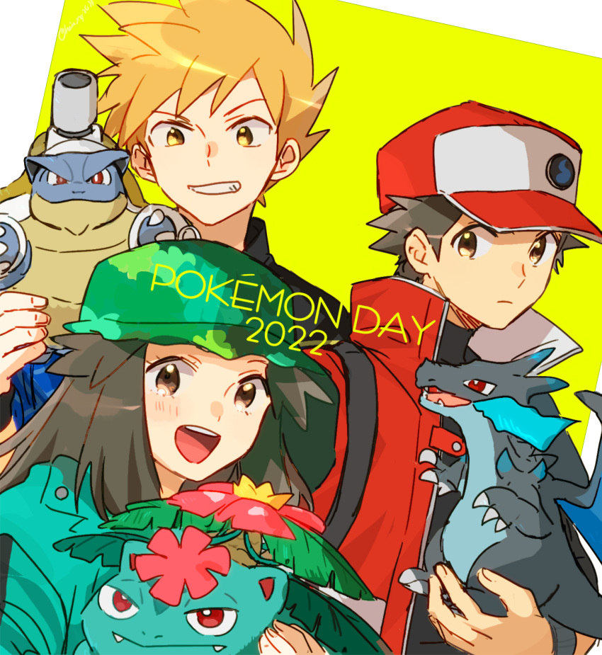 1girl 2022 2boys anniversary bangs baseball_cap blastoise blue_jacket blue_oak brown_eyes brown_hair buttons character_doll charizard closed_mouth coat commentary_request copyright_name doll green_headwear green_jacket grin hat highres hinata_(h_in_ryo2639) holding holding_doll jacket leaf_(pokemon) looking_at_viewer mega_blastoise mega_charizard_x mega_pokemon mega_venusaur multiple_boys official_alternate_costume pokemon pokemon_(game) pokemon_masters_ex red_(pokemon) red_coat red_headwear short_hair sleeveless_coat smile spiked_hair strap venusaur