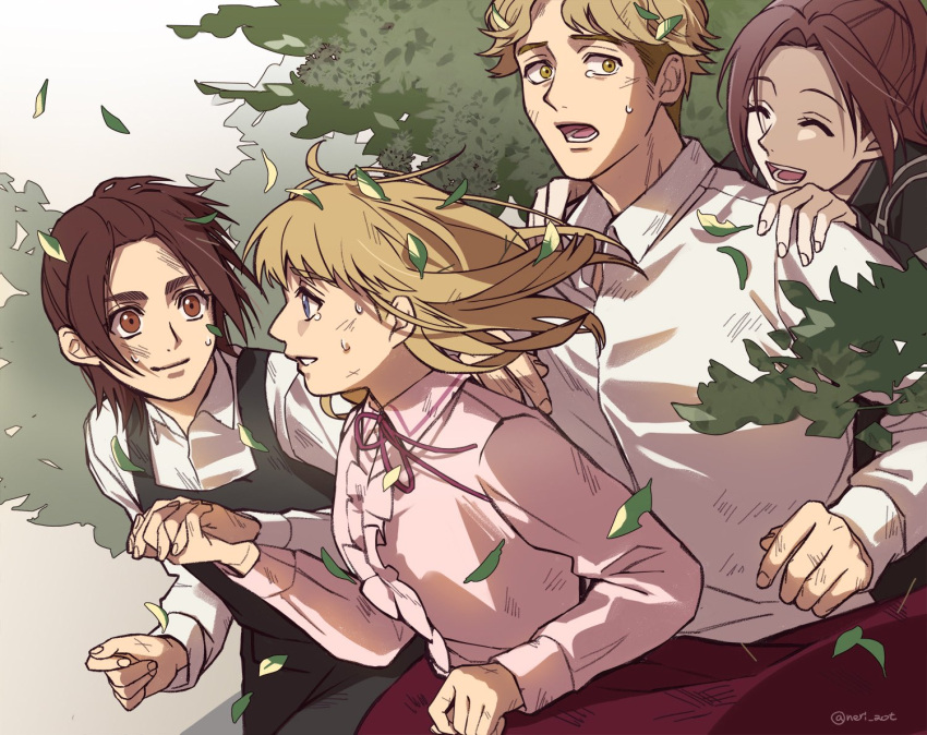 1boy 3girls :d ^_^ black_dress blonde_hair blue_eyes brown_eyes brown_hair closed_eyes closed_mouth cowboy_shot dress falling_leaves forehead gabi_braun holding_hands kaya_(shingeki_no_kyojin) leaf long_hair long_skirt long_sleeves looking_at_another medium_hair multiple_girls neri_aot niccolo_(shingeki_no_kyojin) open_mouth parted_lips pink_shirt profile red_skirt sasha_braus shingeki_no_kyojin shirt short_hair skirt smile standing sweat tree white_shirt yellow_eyes