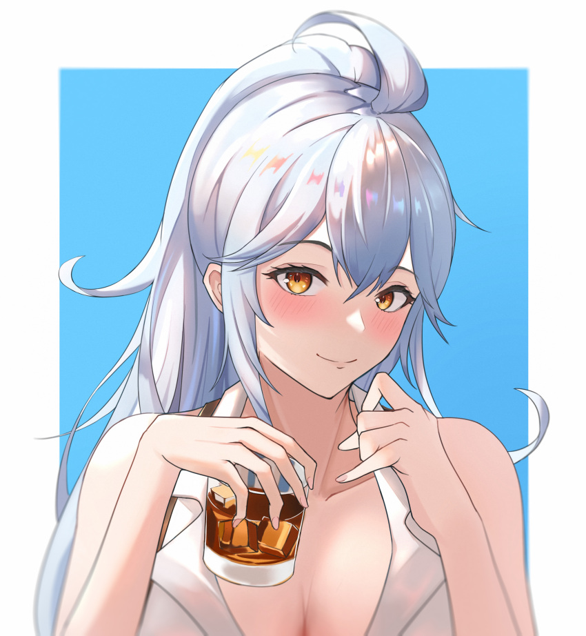 1girl absurdres ahoge bangs bare_shoulders blue_background blush border breasts cleavage collared_shirt cup granblue_fantasy high_ponytail highres holding holding_cup ice ice_cube large_breasts long_hair looking_at_viewer shirt sidelocks silva_(granblue_fantasy) silver_hair sleeveless sleeveless_shirt smile user_bhz6684 white_border yellow_eyes