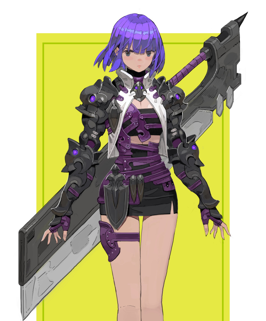 1girl absurdres armor arowana2111 bangs black_armor blunt_bangs blush border closed_mouth cropped fingerless_gloves fingernails gloves glowing grey_eyes highres huge_weapon original pauldrons purple_gloves purple_hair short_hair shoulder_armor solo spike sword thigh_strap vambraces weapon white_border