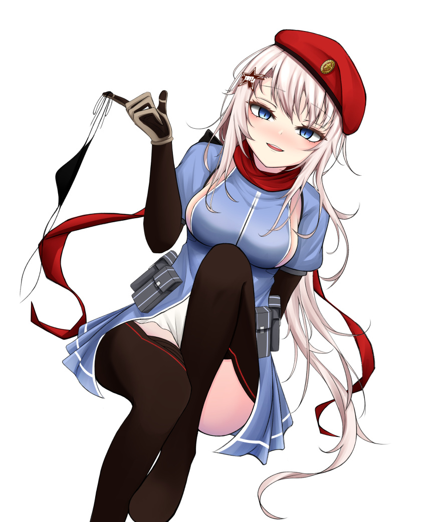 1girl 9a-91_(girls'_frontline) absurdres arm_behind_back bangs beret black_gloves black_legwear blue_dress blue_eyes blush breasts dress elbow_gloves eyebrows_visible_through_hair girls'_frontline gloves hair_ornament hat highres holding holding_clothes holding_panties holding_underwear leg_up long_hair long_sleeves looking_at_viewer medium_breasts no_shoes open_mouth paaam panties panties_removed platinum_blonde_hair red_scarf scarf sitting solo star_(symbol) star_hair_ornament teeth thighhighs underwear upper_teeth white_background you_gonna_get_raped