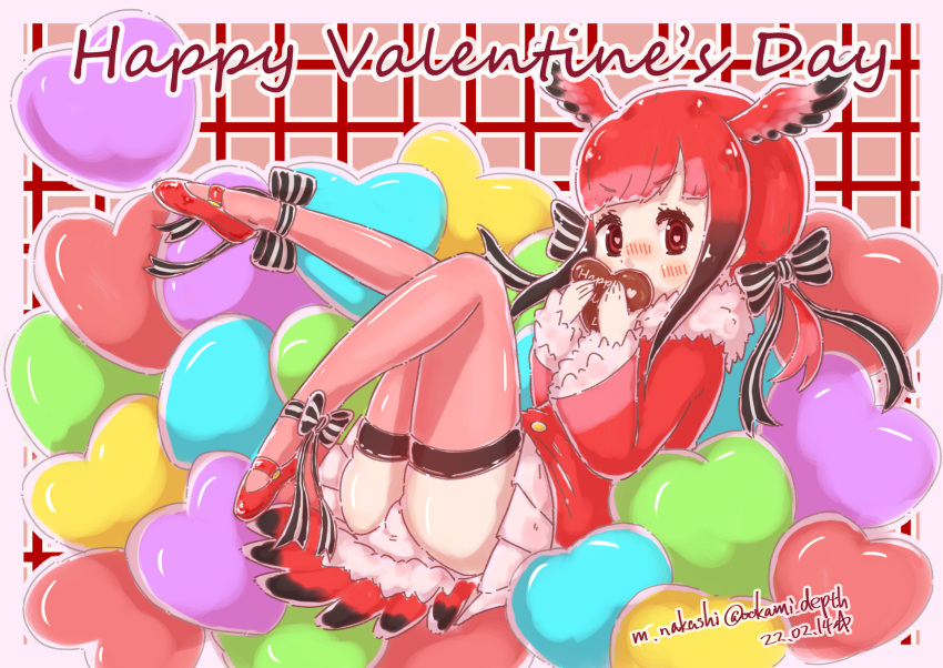 1girl ankle_bow bangs black_hair blunt_bangs blush bow candy chocolate commentary_request dated eyebrows_visible_through_hair food full_body fur_collar gradient_hair hair_bow head_wings heart heart-shaped_chocolate heart-shaped_pupils highres kemono_friends long_sleeves looking_at_viewer multicolored_hair nakashi_masakumi nose_blush panties pink_legwear pleated_skirt red_hair red_shirt scarlet_ibis_(kemono_friends) shirt skirt solo striped striped_bow symbol-shaped_pupils tail tail_feathers thighhighs twitter_username underwear valentine white_panties white_skirt wide_sleeves