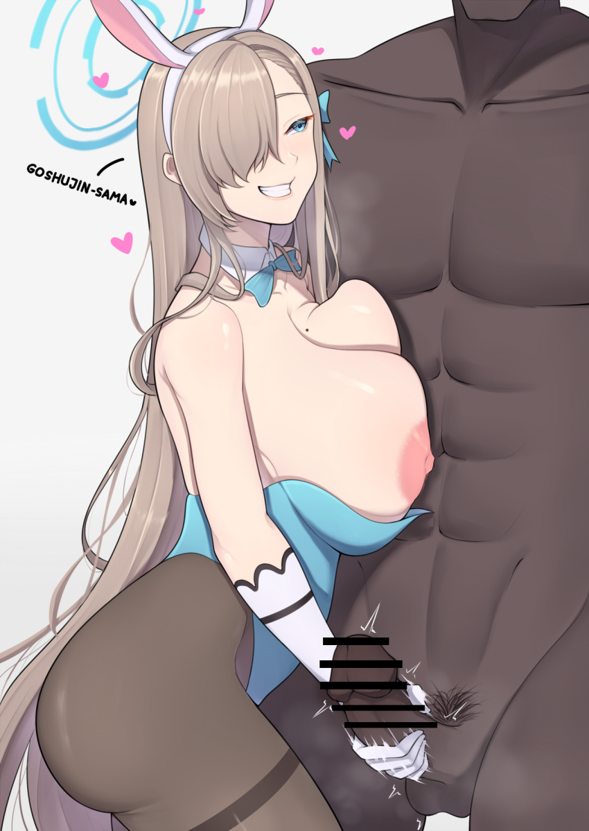 1boy 1girl animal_ears asuna_(blue_archive) band-width bar_censor blue_archive blue_bow blue_bowtie blue_eyes blue_leotard bow bowtie breast_press breasts censored clothed_female_nude_male dark-skinned_male dark_penis dark_skin fake_animal_ears gloves grey_background hair_over_one_eye halo handjob heart hetero highres interracial large_breasts leotard light_brown_hair long_hair male_pubic_hair mole mole_on_breast motion_lines nipple_slip nipples nude official_alternate_costume pantyhose penis playboy_bunny pubic_hair seductive_smile smile very_long_hair white_gloves