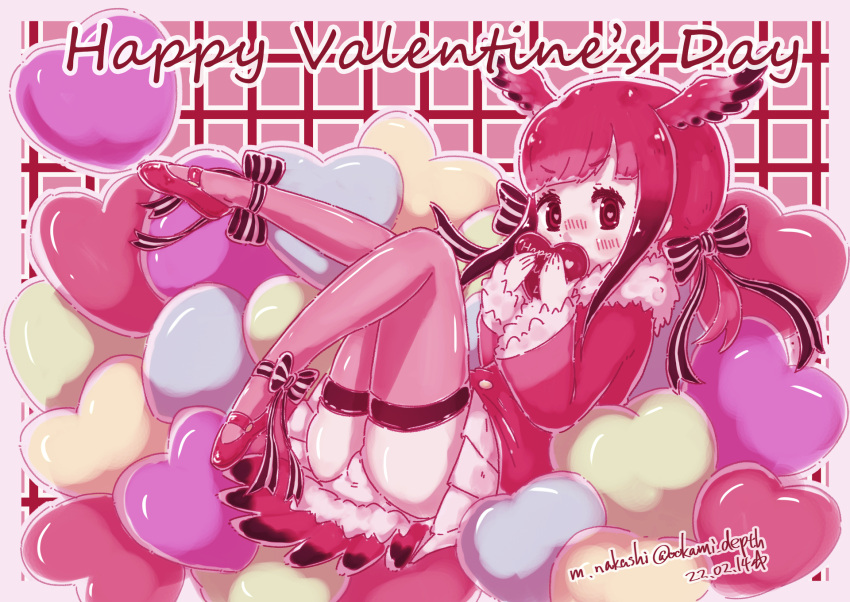 1girl alternate_color ankle_bow bangs black_hair blunt_bangs blush bow candy chocolate commentary_request dated eyebrows_visible_through_hair food full_body fur_collar gradient_hair hair_bow head_wings heart heart-shaped_chocolate heart-shaped_pupils highres kemono_friends long_sleeves looking_at_viewer multicolored_hair nakashi_masakumi nose_blush panties pink_legwear pink_shirt pleated_skirt red_hair scarlet_ibis_(kemono_friends) shirt skirt solo striped striped_bow symbol-shaped_pupils tail tail_feathers thighhighs twitter_username underwear valentine white_panties white_skirt wide_sleeves