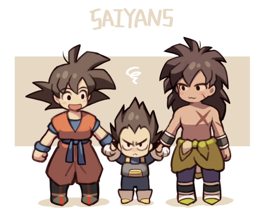 3boys :&lt; :3 :d absurdres ankle_boots armor arms_at_sides beige_background black_eyes black_hair black_wristband blue_bodysuit blue_footwear blue_sash blue_wristband blush_stickers bodysuit boots border broly_(dragon_ball_super) chibi dark-skinned_male dark_skin dougi dragon_ball dragon_ball_super dragon_ball_super_broly dragon_ball_z eyebrows_visible_through_hair frown full_body gloves height_difference highres holding_hands lineup long_hair male_focus minor_(minor2730) multiple_boys no_nose obi open_mouth purple_legwear saiyan_armor sash scar scar_on_arm scar_on_cheek scar_on_chest scar_on_face shadow shiny shiny_hair smile son_goku spiked_hair square squiggle standing text_focus topless_male two-tone_background v-shaped_eyebrows vegeta white_border white_footwear white_gloves wide-eyed wristband