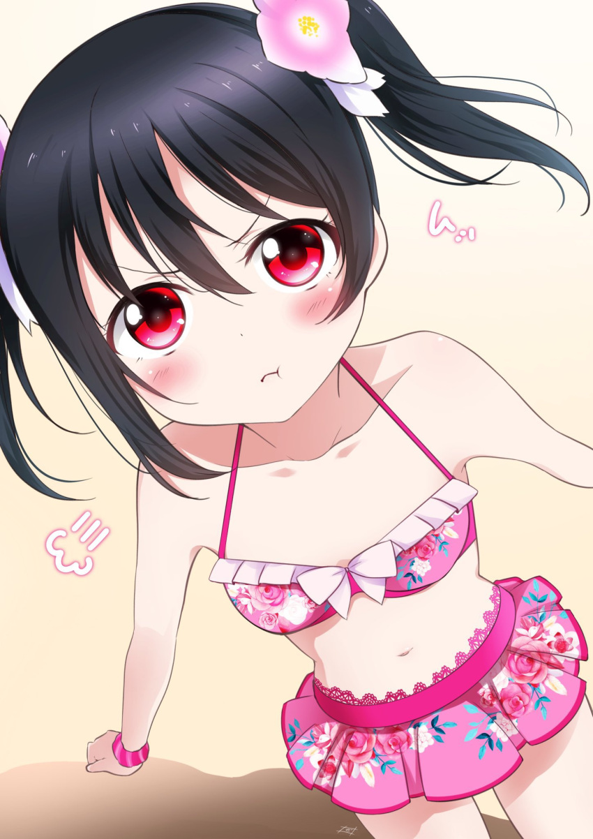 1girl bikini bikini_skirt black_hair blush closed_mouth collarbone flat_chest floral_print from_above hair_between_eyes highres long_hair looking_at_viewer love_live! love_live!_school_idol_project navel pink_bikini pout red_eyes solo standing swimsuit twintails yazawa_nico zero-theme