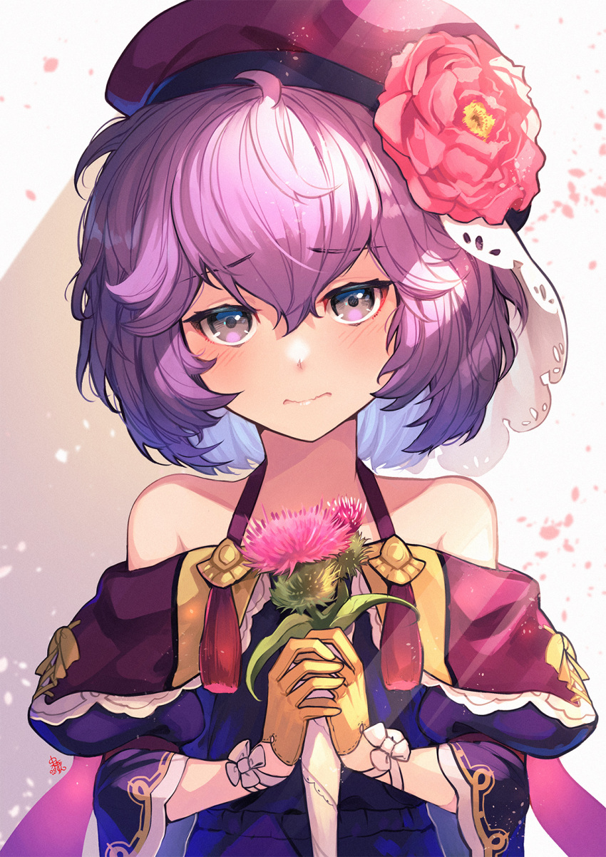 1girl alternate_costume bangs bare_shoulders beret bernadetta_von_varley blush commentary_request eyebrows_visible_through_hair fire_emblem fire_emblem:_three_houses flower gloves grey_eyes hair_between_eyes hat hat_flower highres holding holding_flower nakabayashi_zun petals pink_flower purple_hair purple_headwear short_hair solo thistle wavy_mouth white_background yellow_gloves