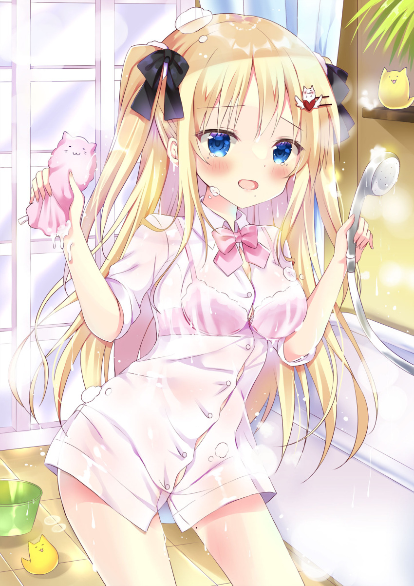 1girl bangs bath bathtub bitter_crown black_bow blonde_hair blue_eyes blush bow bra breasts collared_shirt commentary_request dress_shirt eyebrows_visible_through_hair hair_bow hair_ornament hairclip hands_up highres holding indoors long_hair looking_at_viewer moe2022 mole mole_under_mouth no_pants open_mouth original pink_bow pink_bra see-through shirt shower_head small_breasts soap_bubbles solo two_side_up underwear very_long_hair wet wet_clothes wet_shirt white_shirt