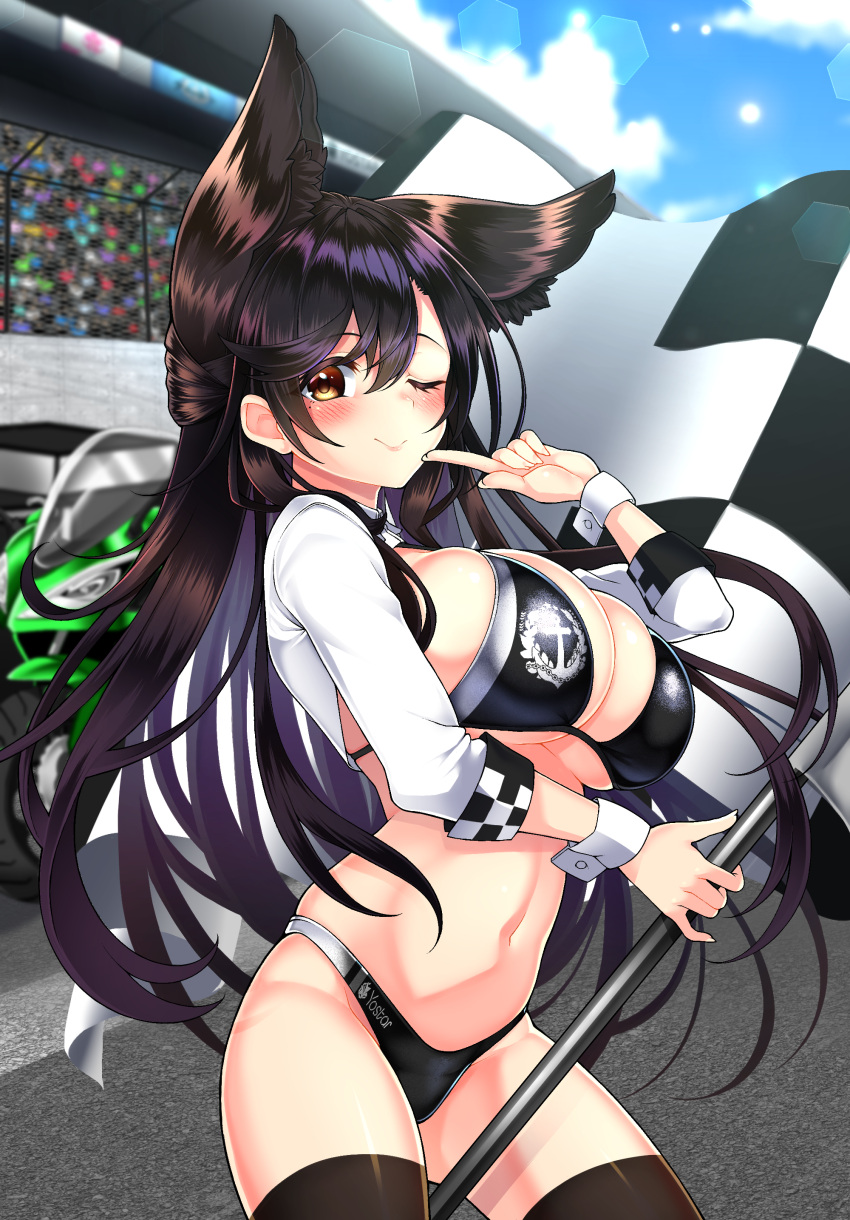 1girl absurdres animal_ears aruto_(shake_onigiri) atago_(azur_lane) atago_(stunning_speedster)_(azur_lane) azur_lane bangs bikini black_bikini black_hair black_legwear blue_sky bow breasts checkered_flag cloud contrapposto cowboy_shot day dog_ears extra_ears flag highres index_finger_raised large_breasts logo long_hair mole mole_under_eye official_alternate_costume one_eye_closed outdoors race_queen ribbon shrug_(clothing) sky sleeve_cuffs solo swept_bangs swimsuit thighhighs two-tone_bikini white_bow white_ribbon wrist_cuffs