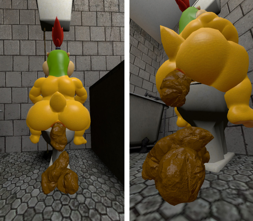 3d_(artwork) anthro anus bathroom bathtub big_butt bowser_jr. butt butt_focus digital_media_(artwork) dump feces koopa male mario_bros nintendo pooping pooping_on_floor rear_view reptile scalie scat shell-less solo source_filmmaker tecbuttlovefa toilet video_games wide_hips young