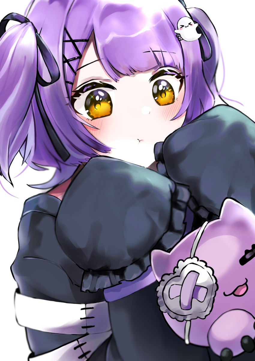 akai_beniko bangs black_sweater blush brown_eyes eyebrows_visible_through_hair eyepatch ghost_hair_ornament highres holding holding_stuffed_toy looking_down portrait pout purple_hair shinomiya_runa short_hair sleeves_past_fingers sleeves_past_wrists stuffed_toy sweater two_side_up virtual_youtuber vspo! white_background