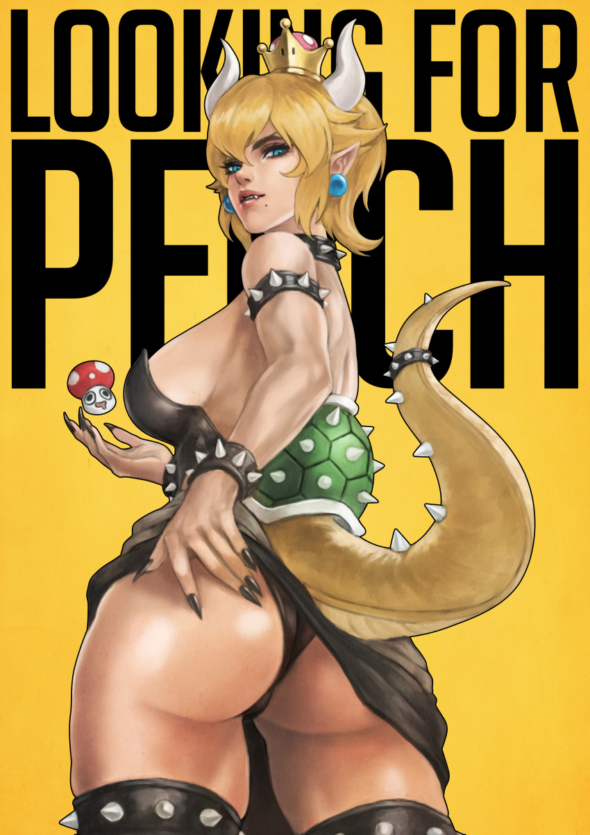1girl absurdres armlet ass black_dress blonde_hair blue_eyes bowsette bracelet breasts clothes_lift collar crown dress dress_lift fang feet_out_of_frame fingernails from_behind highres horns jewelry large_breasts looking_at_viewer looking_back mario_(series) mole mole_under_mouth monori_rogue open_mouth panties parted_lips sharp_fingernails shell short_hair sideboob sidelocks simple_background solo spiked_armlet spiked_bracelet spiked_collar spiked_legwear spikes standing super_mario_bros. tail thighhighs underwear