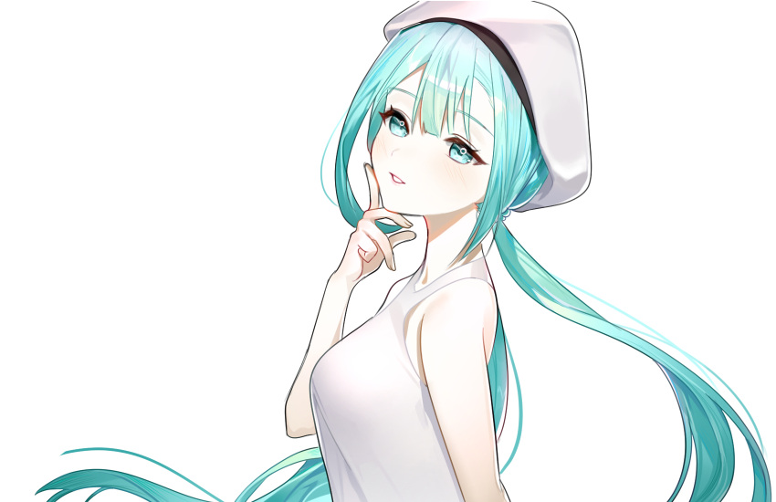 1girl beret blue_eyes blue_hair breasts floating_hair from_side funana hat hatsune_miku head_tilt highres long_hair looking_at_viewer low_twintails medium_breasts parted_lips smile solo twintails vocaloid white_background white_headwear
