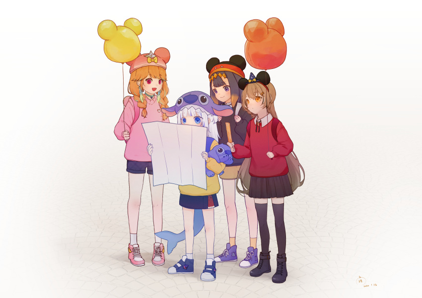 4girls absurdres backpack bag balloon bangs black_legwear blue_eyes blunt_bangs bow braid brown_hair churro fish_tail gawr_gura gradient_hair highres holding holding_balloon holding_map hololive hololive_english map mickey_mouse_ears multicolored_hair multiple_girls nanashi_mumei ninomae_ina'nis open_mouth oran_030 orange_eyes orange_hair purple_eyes red_eyes red_sweater shark_tail shoes shorts skirt smile sneakers stitch_(lilo_&amp;_stitch) sweater tail takanashi_kiara tentacle_hair thighhighs twin_braids virtual_youtuber white_hair