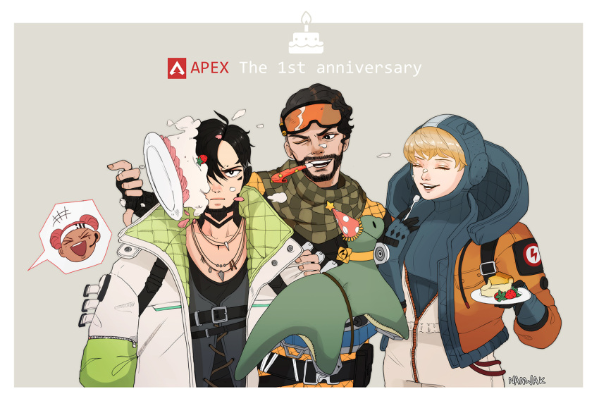 2boys 2girls ^_^ anniversary annoyed apex_legends black_eyes black_shirt blue_bodysuit blue_gloves blue_hair blue_headwear bodysuit cake checkered_clothes checkered_scarf closed_eyes collarbone crypto_(apex_legends) dark-skinned_female dark_skin double_bun facial_hair food gloves goatee goggles goggles_on_head grey_vest headband holding holding_plate hood hooded_jacket in_the_face jacket jewelry korean_commentary lifeline_(apex_legends) looking_at_viewer mirage_(apex_legends) multiple_boys multiple_girls namjak necklace nessie_(respawn) one_eye_closed orange_jacket party_horn pie_in_face plate red_hair red_scarf sanpaku scarf shirt vest wattson_(apex_legends) white_bodysuit white_headband white_jacket yellow_bodysuit