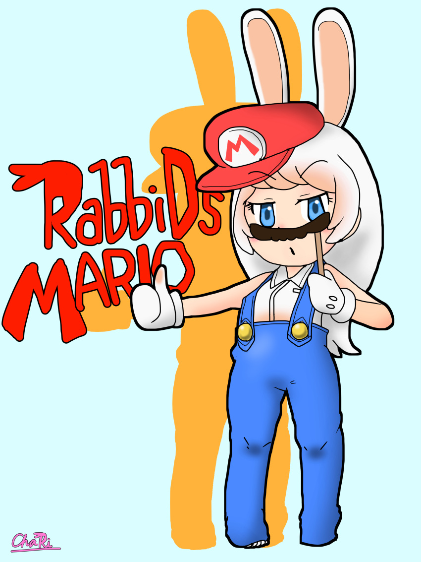 1girl absurdres blue_eyes charisuke crossover facial_hair genderswap gloves hat highres humanization kemono_friends mario_(series) mario_+_rabbids_kingdom_battle mustache overalls parody personification rabbid_mario raving_rabbids solo