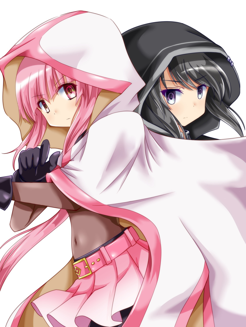 2girls bangs belt black_hair blunt_bangs bodystocking cloak eyebrows_visible_through_hair gloves highres hood hooded_cloak kuroe_(magia_record) long_hair magia_record:_mahou_shoujo_madoka_magica_gaiden magical_girl mahou_shoujo_madoka_magica multiple_girls navel pink_eyes pink_hair pink_skirt purple_eyes sanari_(quarter_iceshop) skirt tamaki_iroha very_long_hair white_background white_cloak