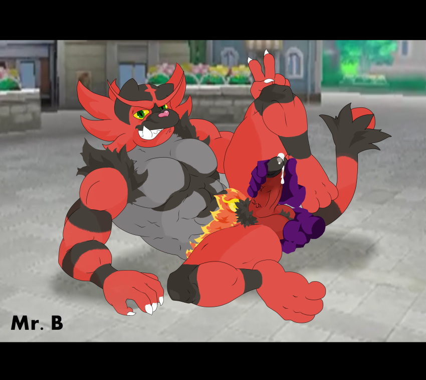 ambiguous_species anthro ball_fondling ball_hair balls bodily_fluids body_hair cum cum_drip disembodied_hand dripping faceless_character fire fondling genital_fluids genitals handjob hi_res incineroar male mr.brapion nintendo out_of_frame penile pok&eacute;mon pok&eacute;mon_(species) pubes sex solo solo_focus video_games
