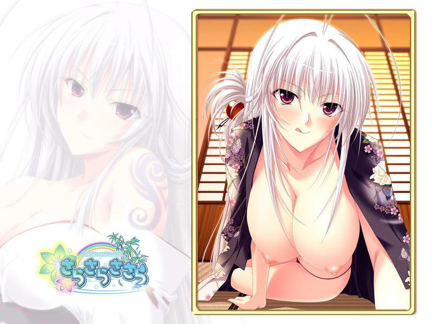 albino black_panties breasts choco_chip hanging_breasts kagami_tsukimi large_breasts licking_lips naughty_face nipples open_clothes open_shirt panties red_eyes sara_sara_sasara shirt tattoo tongue tongue_out underwear wallpaper white_hair