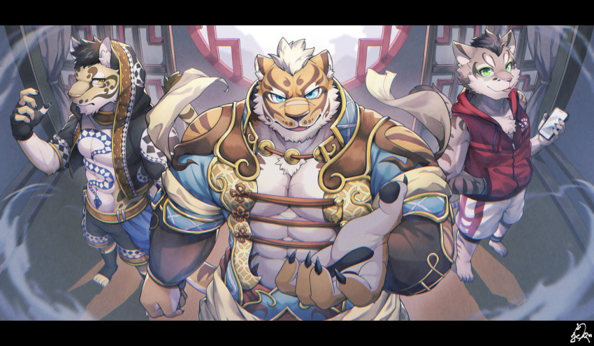 3boys :p abs animal_ears animal_print bara blue_eyes chest_tuft coin english_commentary fingerless_gloves fluffy furry furry_male gloves green_eyes hand_in_pocket highres holding holding_phone hood hoodie large_pectorals leopard_boy leopard_ears leopard_print leopard_tail likulau_(nekojishi) lin_hu_(nekojishi) looking_at_viewer male_focus multiple_boys muscular muscular_male nekojishi open_mouth orange_eyes orange_fur paw_print pectorals phone ponzu_tas short_hair shu_chi_(nekojishi) smile snake_tattoo stomach tail tattoo tiger_boy tiger_ears tiger_stripes tongue tongue_out zipper