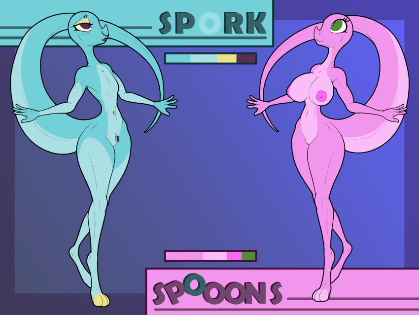 animal_genitalia anthro areola big_areola breasts duo female genitals girly hi_res hog-nosed_snake male nude pussy reptile scalie scaliepunk sheath sibling snake spooons_(character) sprk twins