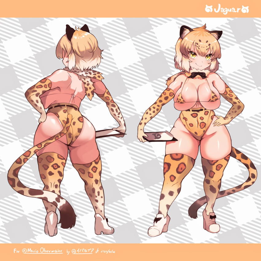 absurdres alternate_costume animal_ears ass bikini blonde_hair breasts character_name clipboard detached_collar elbow_gloves gloves groin highleg highres iparuputsua jaguar_(kemono_friends) jaguar_ears jaguar_girl jaguar_print jaguar_tail japari_symbol kemono_friends large_breasts micro_bikini multiple_views short_hair smile swimsuit tail thighhighs yellow_eyes