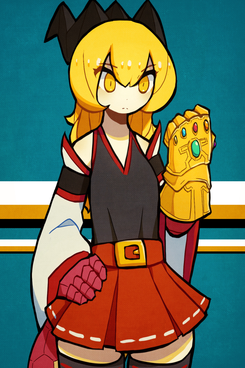 1girl avengers_(series) black_legwear blonde_hair d-floe eyebrows_visible_through_hair hand_on_hip highres infinity_gauntlet looking_away marvel original red_skirt skirt slit_pupils solo thighhighs yellow_eyes