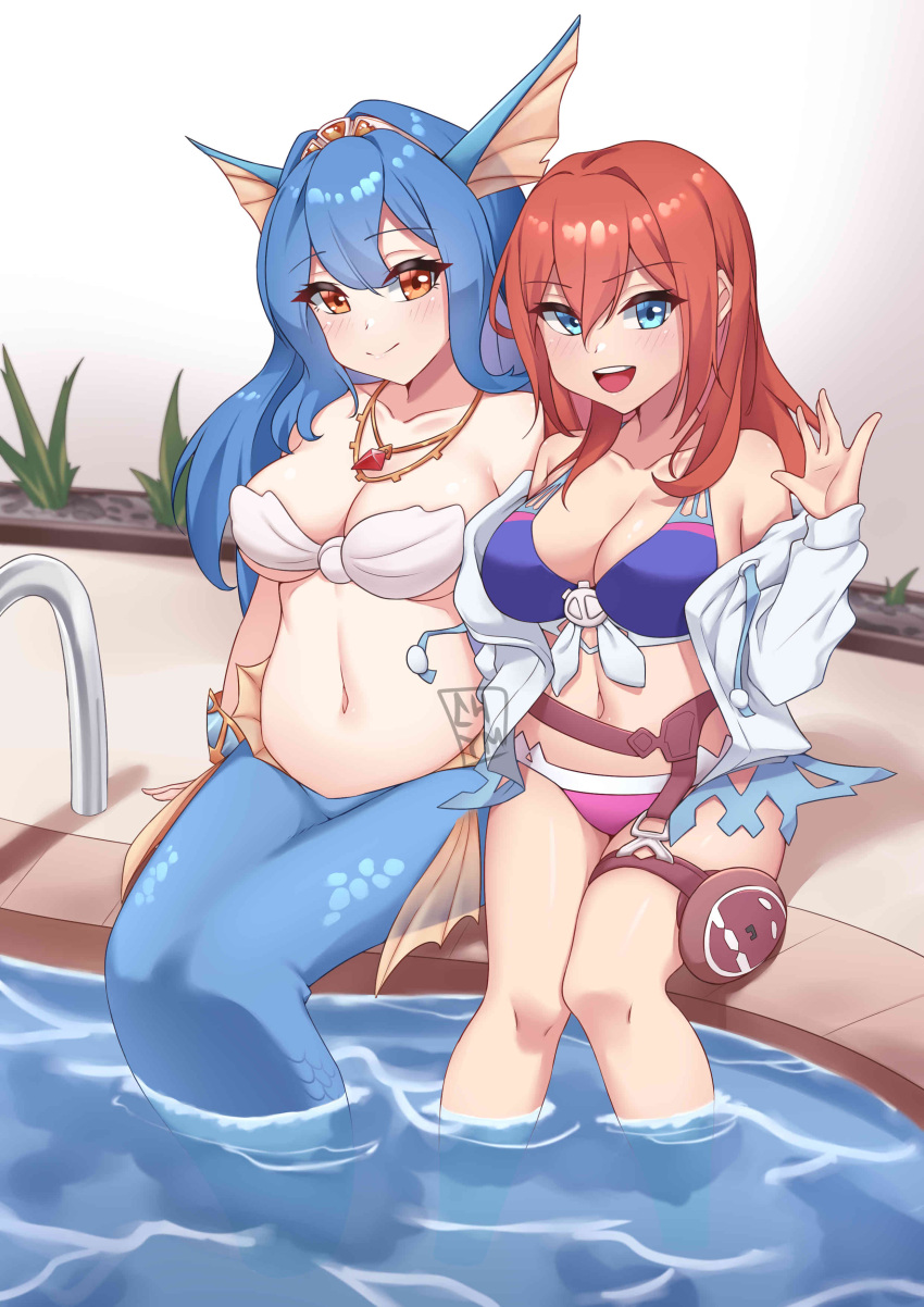 2girls absurdres amelia_(world_flipper) bikini blue_eyes blue_hair blush brown_eyes chym39 commission head_fins highres jewelry marina_(world_flipper) mermaid monster_girl multiple_girls navel necklace open_mouth poolside red_hair shell shell_bikini smile sweater swimsuit thighs waving world_flipper