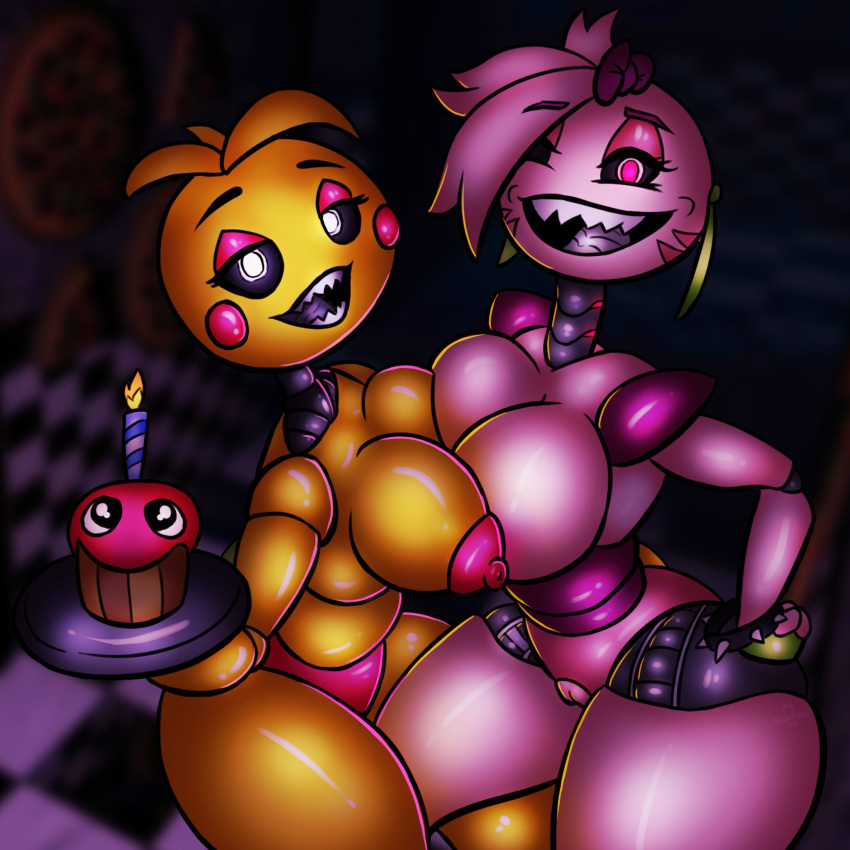 animatronic anthro avian big_breasts bird black_sclera breasts bugzilla chicken duo female five_nights_at_freddy's five_nights_at_freddy's:_security_breach five_nights_at_freddy's_2 galliform gallus_(genus) glamrock_chica_(fnaf) glowing glowing_eyes hi_res machine phasianid pink_eyes pressing_breasts_together robot scottgames sharp_teeth teeth thick_thighs toy_chica_(fnaf) video_games white_body white_eyes yellow_body