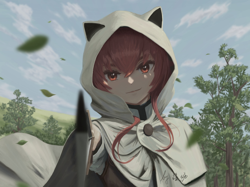 1girl absurdres animal_ears bangs blurry blurry_foreground cape cat_ears closed_mouth cloud day eris_greyrat fake_animal_ears floating_hair grey_cape hair_between_eyes highres holding holding_sword holding_weapon hood hood_up hooded leaf looking_at_viewer motion_blur mushoku_tensei nuan_shang outdoors red_eyes red_hair shiny shiny_hair short_hair_with_long_locks sidelocks smile smug solo sword upper_body weapon