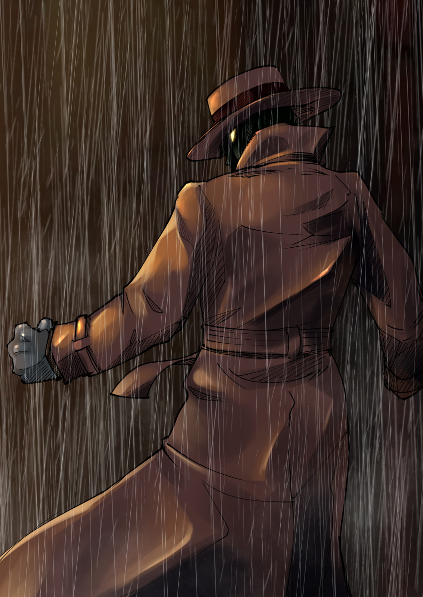 1boy absurdres belt brown_coat clenched_hand coat fedora from_behind gloves glowing glowing_eyes grey_gloves hat highres long_coat looking_back male_focus mask popped_collar q_(street_fighter) rain solo street_fighter street_fighter_iii_(series) trench_coat val_(escc4347) yellow_eyes