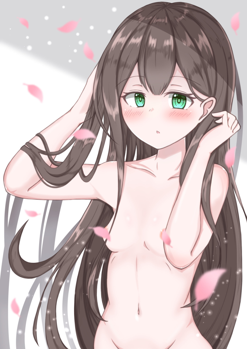 10s 1girl adjusting_hair areolae artist_request bad_id bad_pixiv_id bang_dream! blush breasts brown_hair convenient_censoring eyebrows_visible_through_hair green_eyes hanazono_tae highres long_hair looking_at_viewer navel nude out-of-frame_censoring parted_lips petal_censor petals small_breasts solo standing