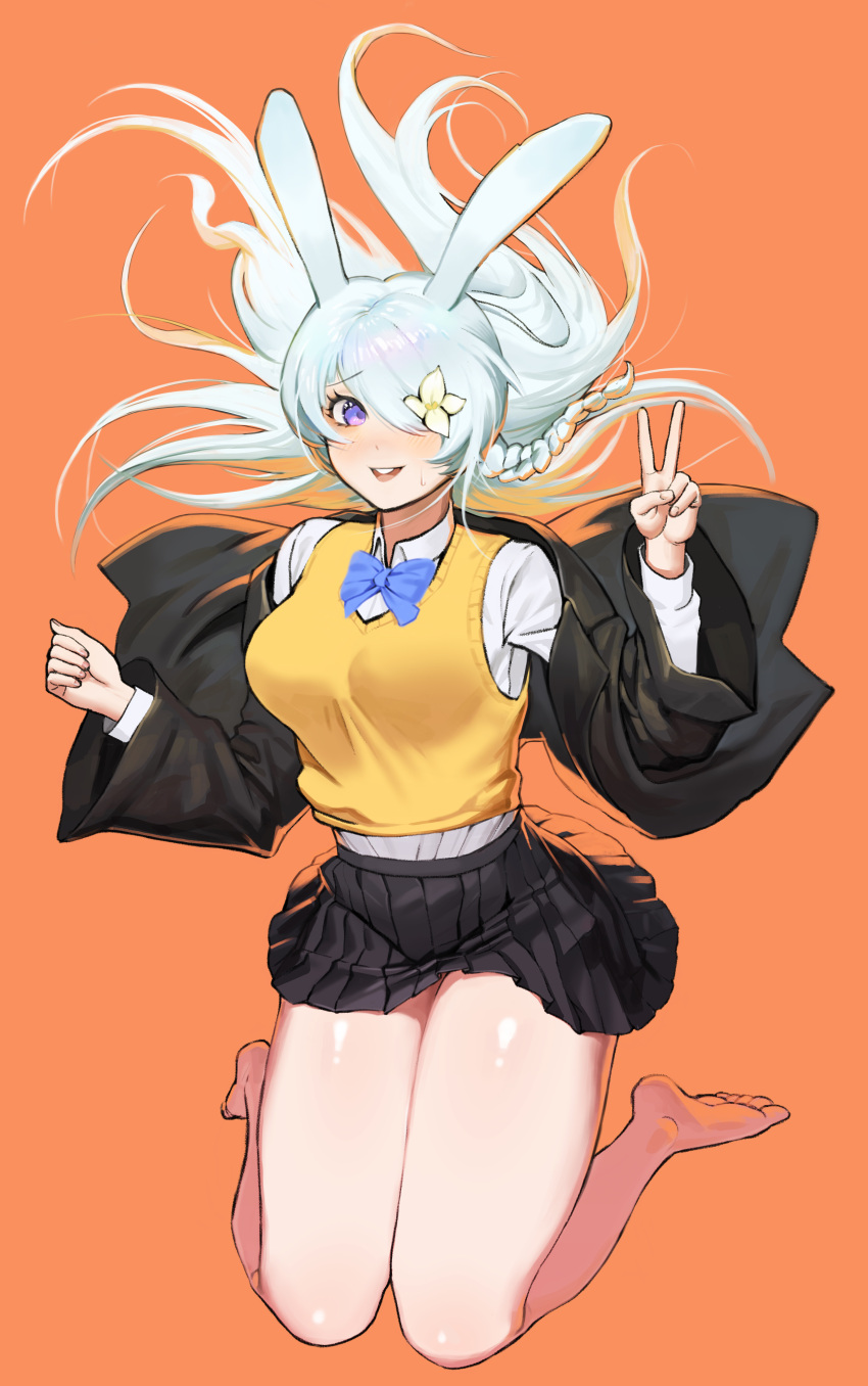1girl :d absurdres animal_ears bangs bare_legs barefoot black_jacket black_skirt blue_bow blue_bowtie blush bow bowtie braid breasts clenched_hand collared_shirt commentary eyebrows_visible_through_hair floating_hair flower flower_over_eye hair_flower hair_ornament hair_over_eyes hands_up highres jacket jumping large_breasts long_hair long_sleeves looking_at_viewer miniskirt mr_tangsuyuk off_shoulder one_eye_covered open_clothes open_jacket open_mouth orange_background original parted_hair pleated_skirt purple_eyes rabbit_ears school_uniform shirt side_braid simple_background single_braid skirt smile solo sweatdrop sweater_vest swept_bangs teeth thighs v vest white_shirt wide_sleeves yellow_vest