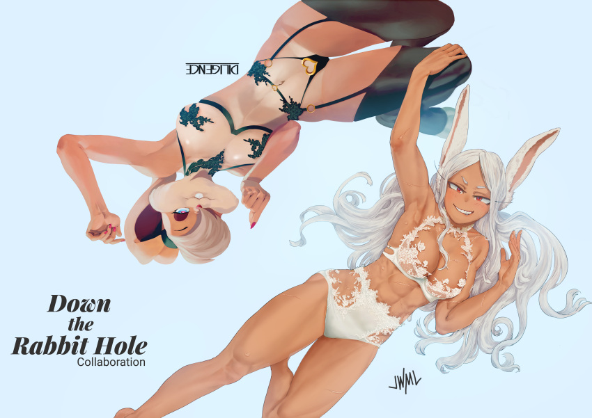 2girls :3 abs absurdres animal_ears animal_feet areola_slip areolae armpits arms_up artist_name bangs bare_shoulders biting black_bra blonde_hair blue_eyes boku_no_hero_academia bra breasts cleavage clenched_hand collaboration collarbone commentary crossover dark-skinned_female dark_skin english_commentary english_text eyelashes fingernails floating_hair frilled_bra frills furry furry_female garter_belt hair_over_one_eye half-closed_eyes hand_on_another's_thigh highleg highleg_panties highres justin_leyva_(steamy_tomato) kean_astoriano_(diligence) large_breasts lingerie lip_biting lola_bunny long_hair looking_at_viewer looney_tunes mirko multicolored_eyes multiple_girls muscular muscular_female navel panties parted_bangs pasties rabbit_ears red_eyes red_nails rotational_symmetry scar sharp_fingernails short_eyebrows signature simple_background skindentation space_jam sweat teeth thighhighs thong toned trait_connection underwear underwear_only v-shaped_eyebrows white_background white_hair