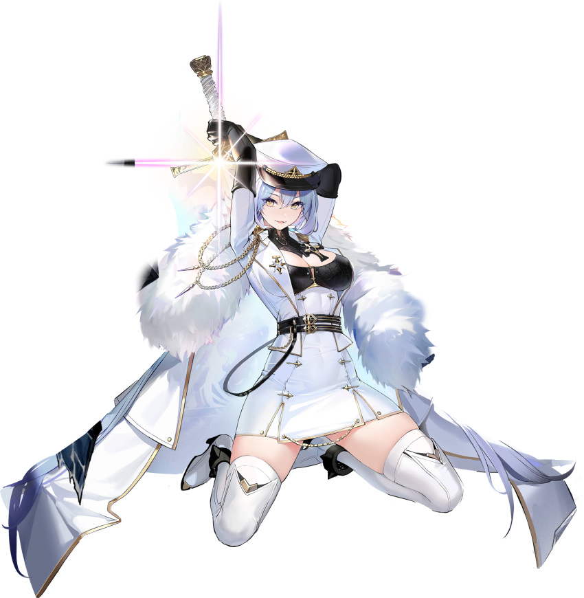 1girl arkhangelsk_(azur_lane) artist_request azur_lane bangs black_gloves blue_hair boots breasts dress elbow_gloves full_body fur_trim gloves hat highres holding holding_weapon kneeling large_breasts looking_at_viewer machinery medium_breasts official_art peaked_cap short_dress smile solo sword thigh_boots thighhighs transparent_background turret weapon yellow_eyes zettai_ryouiki