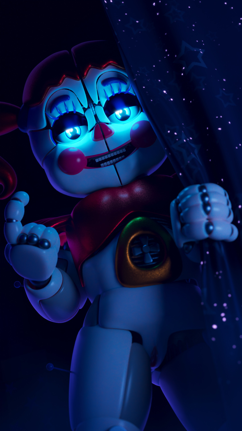 absurd_res ashleyorange baby_(fnafsl) blue_eyes bottomless circus_baby_(fnaf) clothed clothing clown clown_girl clown_makeup clown_nose curtains curtains_open female five_nights_at_freddy's hair hi_res human humanoid machine mammal pigtails red_clothing red_hair red_topwear robot robot_humanoid scottgames sister_location solo topwear video_games white_body