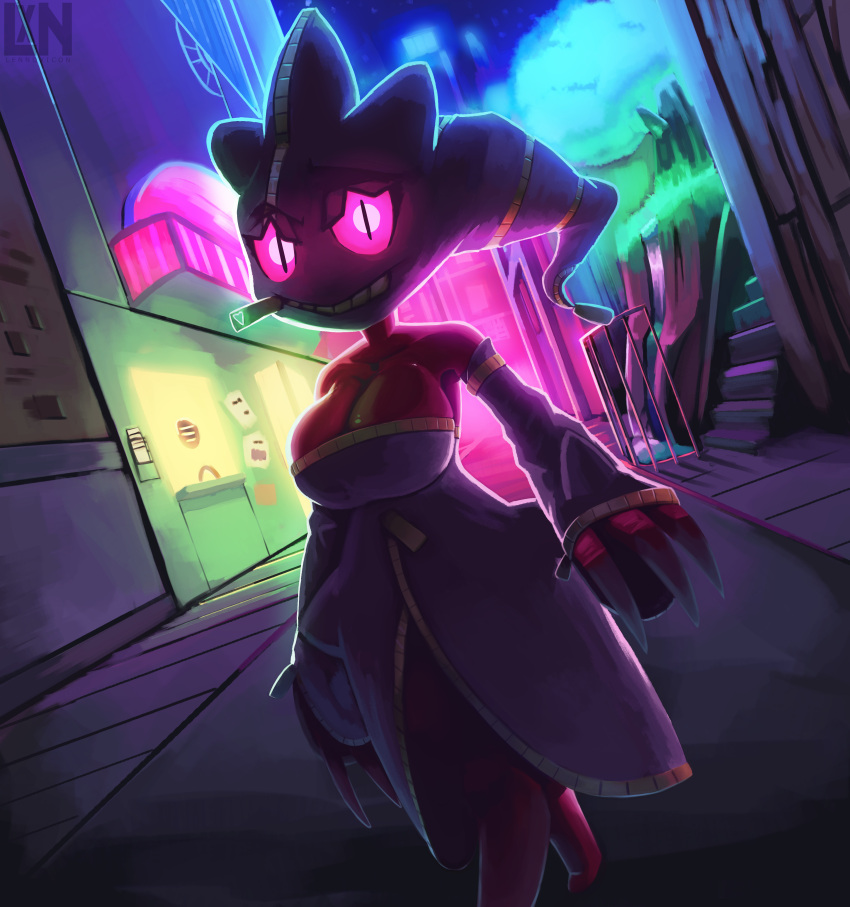 2022 absurd_res anthro breasts city claws clothed clothing female glowing glowing_eyes hi_res lennoxicon looking_at_viewer mega_banette mega_evolution night nintendo outside pok&eacute;mon pok&eacute;mon_(species) skimpy smile solo video_games walking zipper zipper_mouth