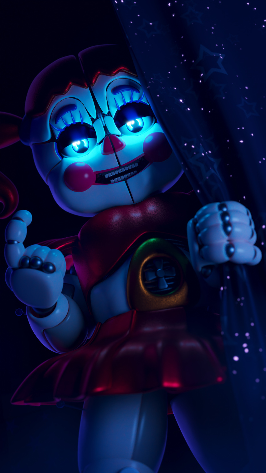 absurd_res ashleyorange baby_(fnafsl) blue_eyes bottomless circus_baby_(fnaf) clothed clothing clown clown_girl clown_makeup clown_nose curtains curtains_open female five_nights_at_freddy's hair hi_res humanoid machine pigtails red_clothing red_hair red_topwear robot robot_humanoid scottgames sister_location solo topwear video_games white_body