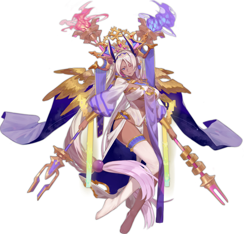 1girl animal_ears ark_order bangs beads blue_eyes blue_fire bracelet breasts dark_skin detached_sleeves dual_wielding egyptian fire gold gold_trim hair_beads hair_ornament hairband headpiece highres holding horns jewelry leotard long_hair long_sleeves looking_at_viewer low-tied_long_hair multiple_wings necklace no_shoes nut_(ark_order) official_art one_eye_closed polearm puffy_long_sleeves puffy_sleeves red_cucumber single_bare_leg single_thighhigh solo spear tachi-e thighhighs transparent_background twintails very_long_hair weapon white_hair white_legwear white_leotard wings yellow_wings