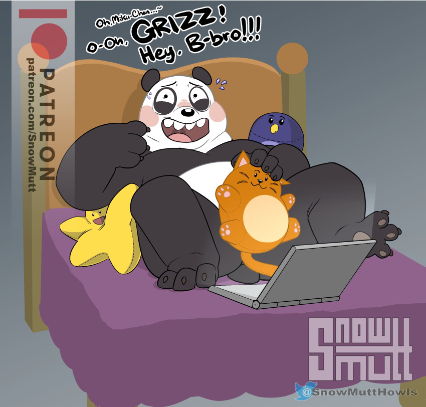 2022 absurd_res anthro bed biped black_body black_nose blush bodily_fluids cartoon_network computer english_text furniture giant_panda hi_res lying mammal overweight panda_(wbb) plushie snowmutt solo sweat text ursid we_bare_bears white_body