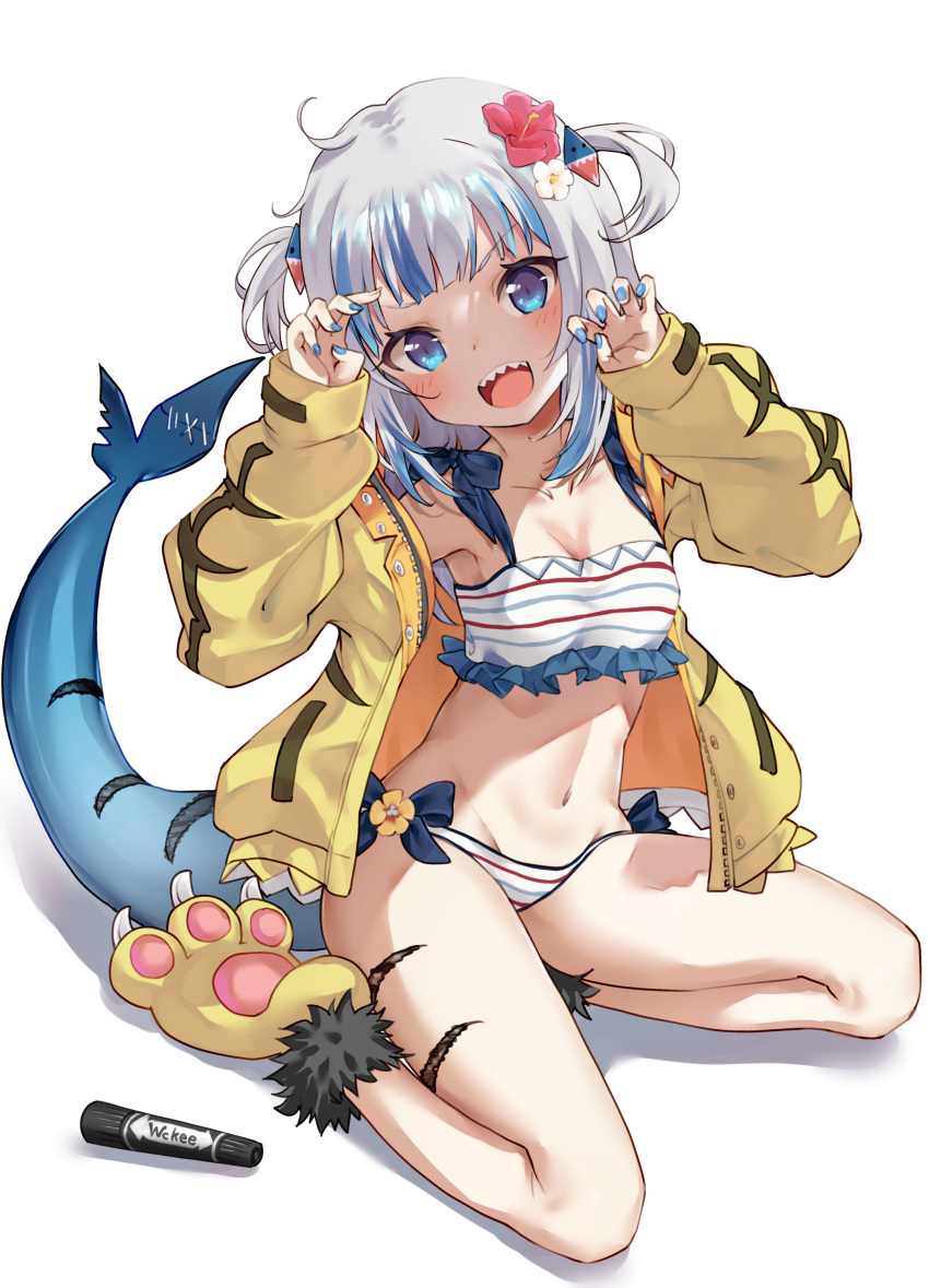 1girl absurdres bangs bikini blue_eyes blue_hair blue_nails blunt_bangs blush body_writing boshi_(a-ieba) breasts commentary_request fish_tail full_body gawr_gura hair_ornament highres hololive hololive_english jacket looking_at_viewer marker medium_hair multicolored_hair nail_polish open_clothes open_jacket open_mouth paw_shoes shark_girl shark_hair_ornament shark_tail sharp_teeth silver_hair sitting small_breasts smile solo streaked_hair striped striped_bikini swimsuit tail teeth two_side_up virtual_youtuber wariza white_background white_bikini yellow_jacket