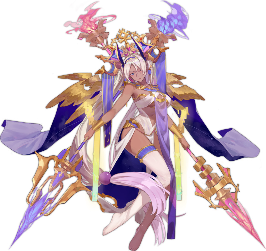 1girl animal_ears ark_order bangs beads blue_eyes blue_fire bracelet breasts dark_skin dual_wielding egyptian fire gold gold_trim hair_beads hair_ornament hairband headpiece highres holding horns jewelry leotard long_hair looking_at_viewer low-tied_long_hair multiple_wings necklace no_shoes nut_(ark_order) official_art one_eye_closed polearm red_cucumber single_bare_leg single_thighhigh solo spear tachi-e thighhighs transparent_background twintails very_long_hair weapon white_hair white_legwear white_leotard wings yellow_wings