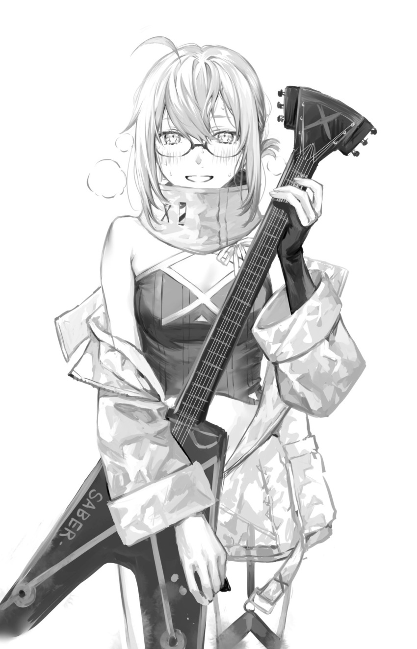 1girl alternate_costume aoha artoria_pendragon_(fate) blush character_request fate/grand_order fate_(series) glasses greyscale guitar highres instrument looking_at_viewer monochrome mysterious_heroine_x_(alter)_(fate) nipi27 smile solo sweat