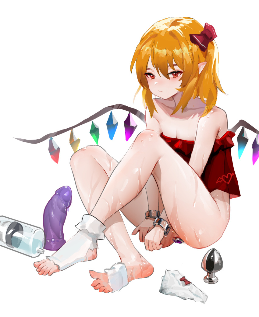 1girl absurdres anal anal_object_insertion armpit_crease bangs blush bottomless bow breasts butt_plug collarbone crexby crossed_legs crystal cuffs dildo feet flandre_scarlet frilled_legwear full_body hair_bow handcuffs highres knee_up legs looking_at_viewer medium_hair object_insertion orange_hair panties panties_removed pointy_ears pout red_eyes red_shirt sex_toy shiny shiny_skin shirt sitting sleeveless sleeveless_shirt small_breasts smug socks soles solo sweat syringe thighs toeless_legwear toes torn_clothes torn_legwear touhou underwear white_background white_legwear white_panties wings