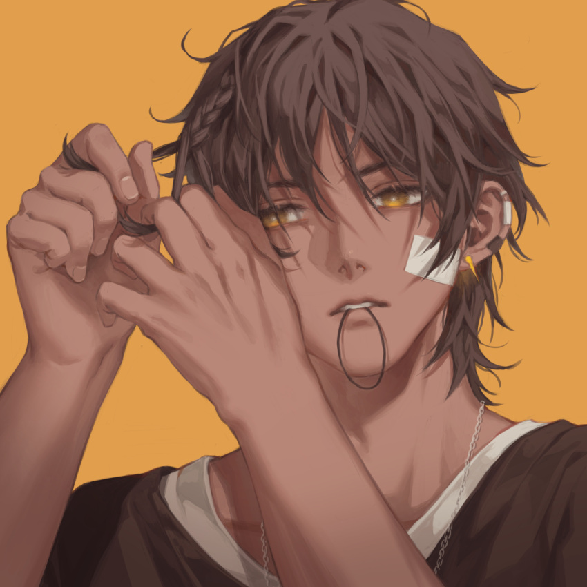 1boy adjusting_hair arknights bandaid bandaid_on_cheek bandaid_on_face bangs black_hair braid braiding_hair dark-skinned_male dark_skin ear_piercing earclip english_commentary hair_between_eyes hair_tie hair_tie_in_mouth hairdressing highres jewelry male_focus manjyufroth mouth_hold necklace orange_background piercing portrait side_braid simple_background solo thorns_(arknights) yellow_eyes